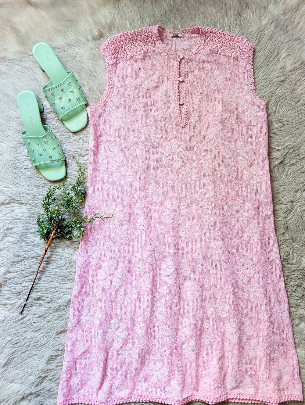Vintage Hanro of Switzerland Lace Crochet Nightgown in Pink